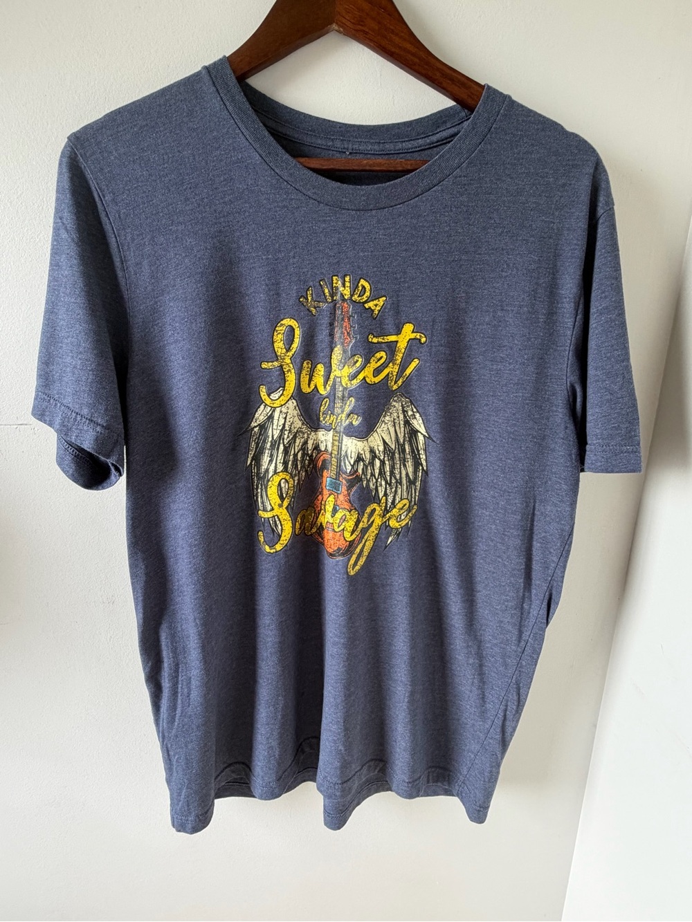 Kinda Sweet Kinda Savage Graphic Tee | Heather Blue | Guitar Wings | Size L - Picture 2 of 5